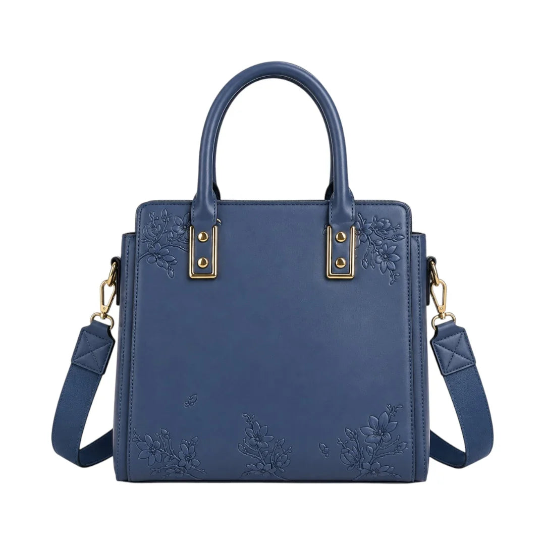 OBBA Blue Women’s Satchel Handbag – Floral Embossed Faux Leather Bag